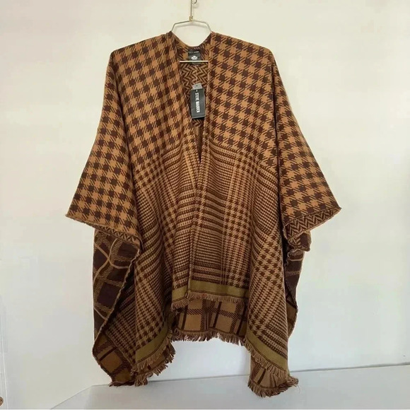 Steve Madden Plaid Kimono Ruana Reversible Brown Multi One Size Fits All - Picture 2 of 13